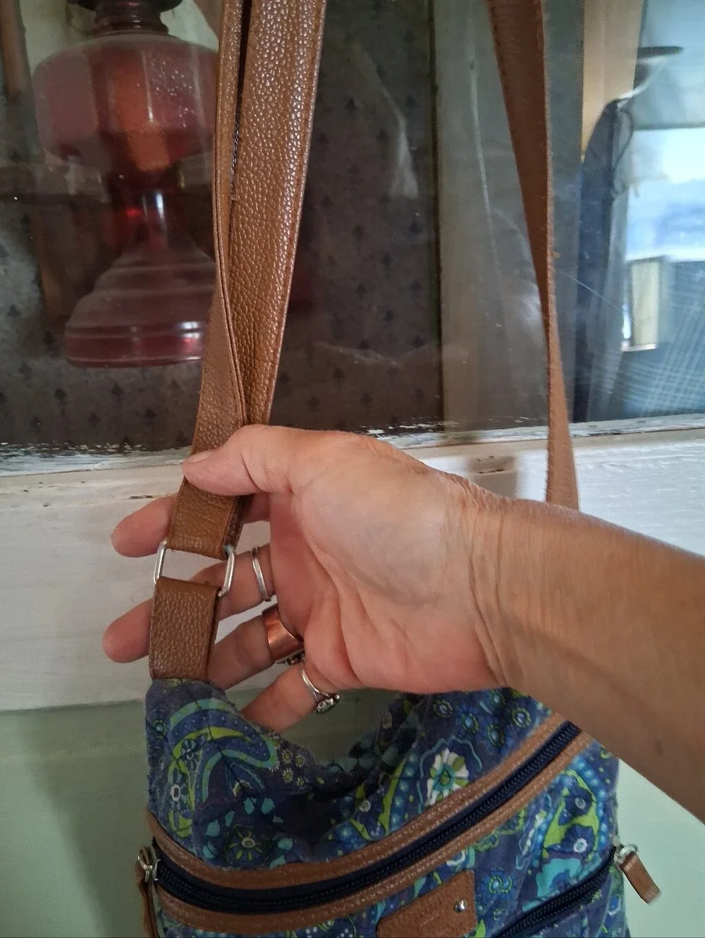 Stylish Blue Paisley Crossbody Bag with Tan Accents
